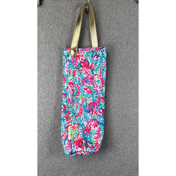 Lilly Pulitzer Wine Bottle Tote Flamingo Floral Print Gold Handle Gift Holidays - Picture 1 of 7